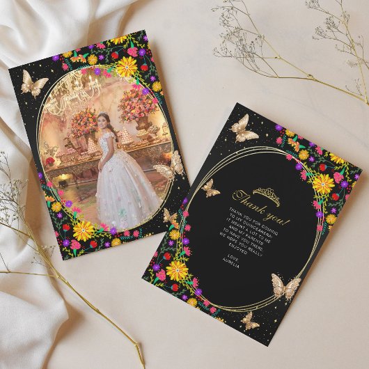 Bloemen zwart gouden vlinder quinceañera foto bedankkaart