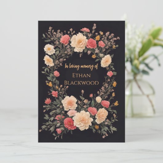 Bloemen zwart in liefdevolle herinnering Uitvaart Kaart (Staand voorkant)