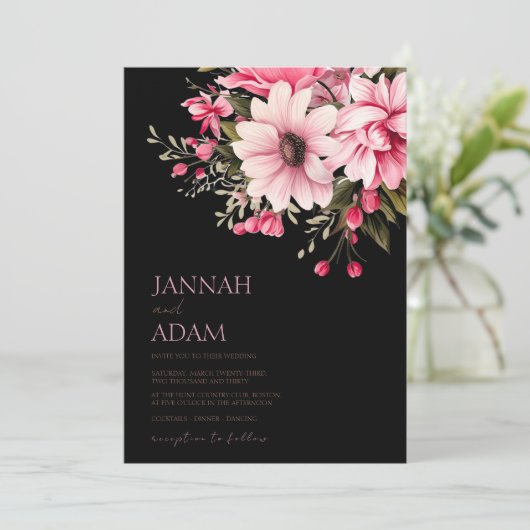 Bloemen Zwart Roze Bloemen Donker Esthetische Brui Kaart (Staand voorkant)