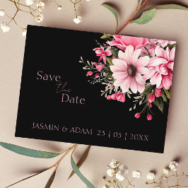 Bloemen Zwart Roze Donker Bruiloft Save the Date Briefkaart