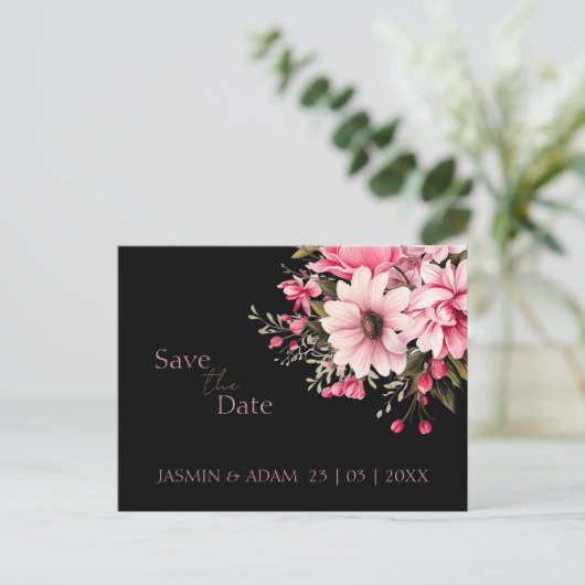 Bloemen Zwart Roze Donker Bruiloft Save the Date Briefkaart (Staand voorkant)