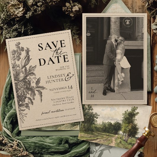 Bloemen Zwart Rustiek Kraft Boho Huwelijk Save The Date