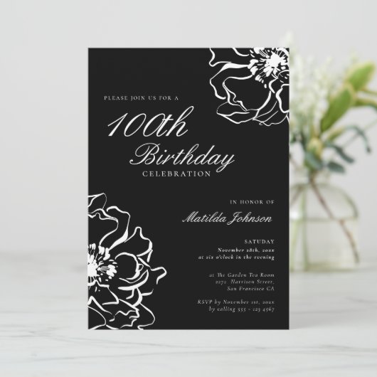 Bloemen Zwart-wit 100e verjaardag Kaart (Staand voorkant)