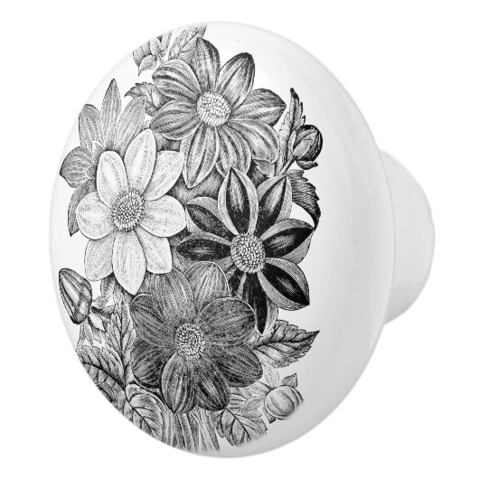  bloemen zwart, wit afdrukken keramische knop (Rechts)