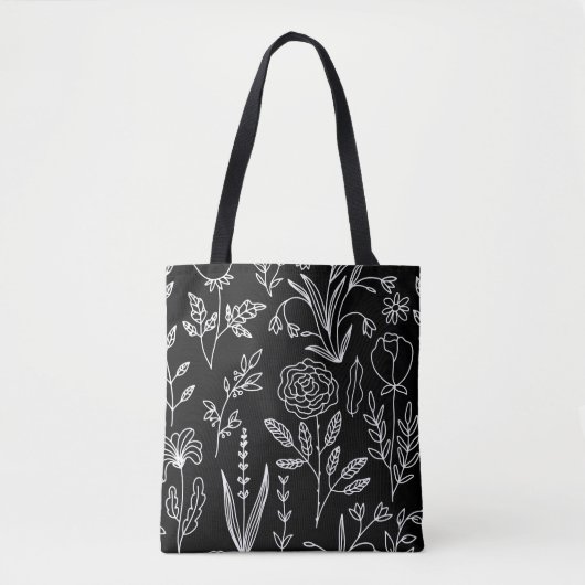 Bloemen Zwart-wit Canvas tas, Hand getrokken Bloem Tote Bag (Voorkant)