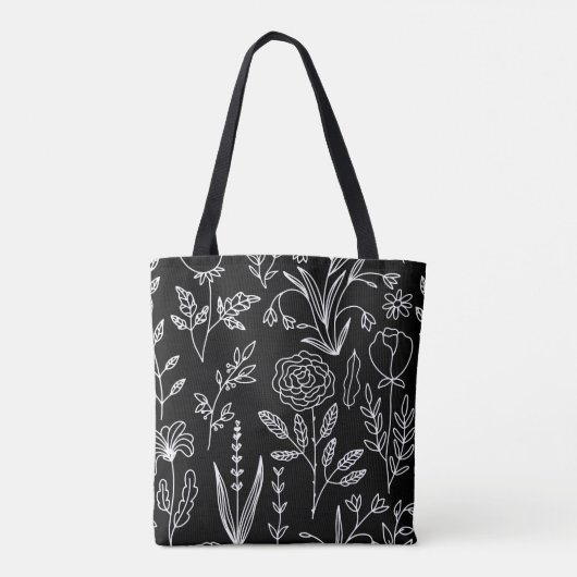 Bloemen Zwart-wit Canvas tas, Hand getrokken Bloem Tote Bag (Achterkant)