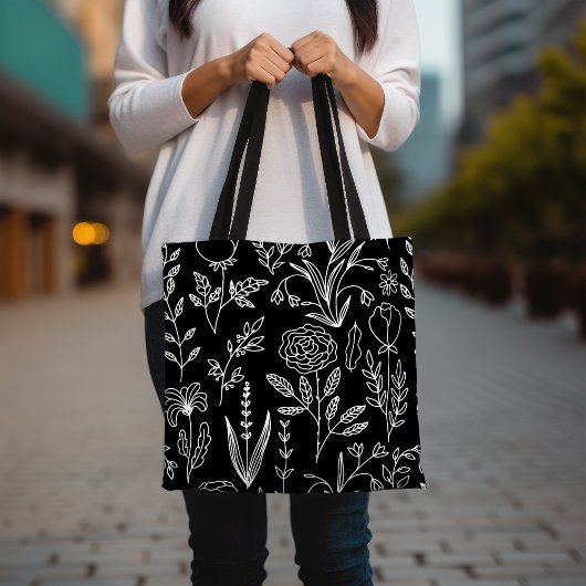 Bloemen Zwart-wit Canvas tas, Hand getrokken Bloem Tote Bag