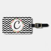  Bloemen Zwart Wit Chevron Monogram Bagagelabel (Voorkant horizontaal)
