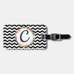  Bloemen Zwart Wit Chevron Monogram Bagagelabel