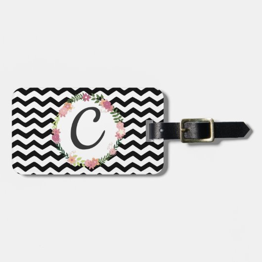 Bloemen Zwart Wit Chevron Monogram Bagagelabel (Voorkant horizontaal)