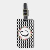 Bloemen Zwart Wit Chevron Monogram Bagagelabel (Voorkant verticaal)