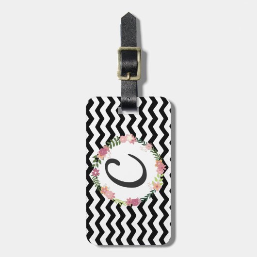  Bloemen Zwart Wit Chevron Monogram Bagagelabel (Voorkant verticaal)