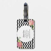 Bloemen Zwart Wit Chevron Monogram Bagagelabel (Achterkant verticaal)