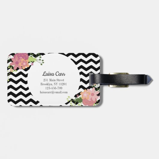 Bloemen Zwart Wit Chevron Monogram Bagagelabel (Achterkant horizontaal)