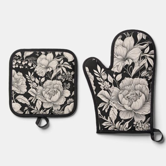 Bloemen Zwart-wit Classic Ovenwant & Pannenlap Set (Voorkant)