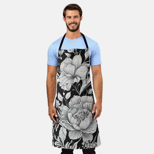  Bloemen Zwart-wit Classic Schort (Gedragen)
