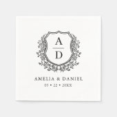 Bloemen Zwart Wit Crest Huwelijksmonogram Servet (Voorkant)