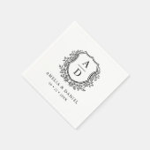 Bloemen Zwart Wit Crest Huwelijksmonogram Servet (Hoek)