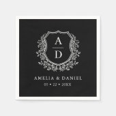 Bloemen Zwart Wit Crest Huwelijksmonogram Servet (Voorkant)