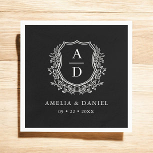 Bloemen Zwart Wit Crest Huwelijksmonogram Servet