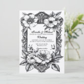 Bloemen Zwart & Wit Decor Wedding Kaart (Staand voorkant)