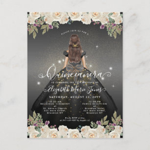 Bloemen Zwart Wit Goud Glam Prinses Quinceanera Briefkaart