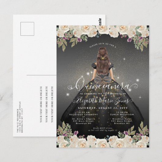 Bloemen Zwart Wit Goud Glam Prinses Quinceanera Briefkaart (Voorkant / Achterkant)