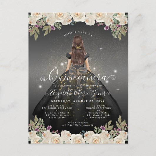 Bloemen Zwart Wit Goud Glam Prinses Quinceanera Briefkaart (Voorkant)