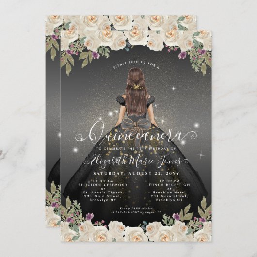 Bloemen Zwart Wit Goud Glam Prinses Quinceanera Kaart (Voorkant / Achterkant)
