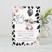 Bloemen Zwart Wit Koe Print Balloon 1e Verjaardag Kaart (Staand voorkant)