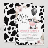 Bloemen Zwart Wit Koe Print Balloon 1e Verjaardag Kaart (Voorkant / Achterkant)