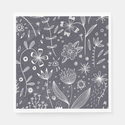Bloemen Zwart-wit Line Art Servet (Voorkant)
