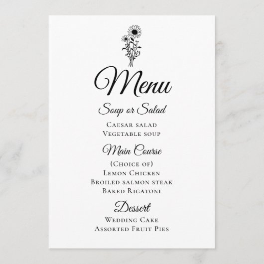 Bloemen Zwart Wit Minimalistische Zonnebloem Huwel Menu (Voorkant)