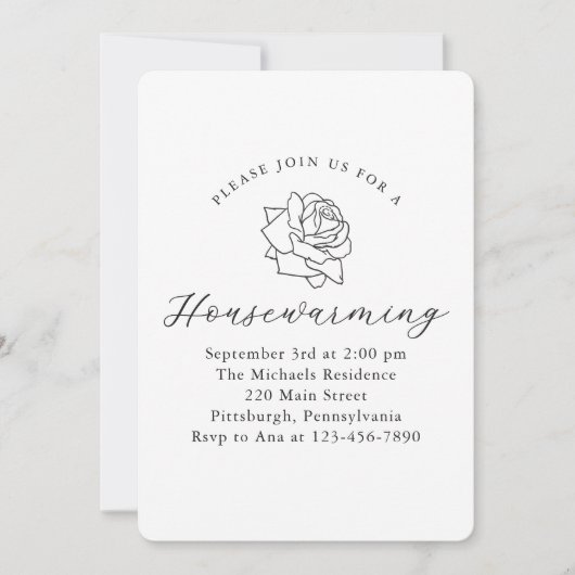 Bloemen Zwart-wit New Home Housewarming Party Aankondiging (Voorkant)