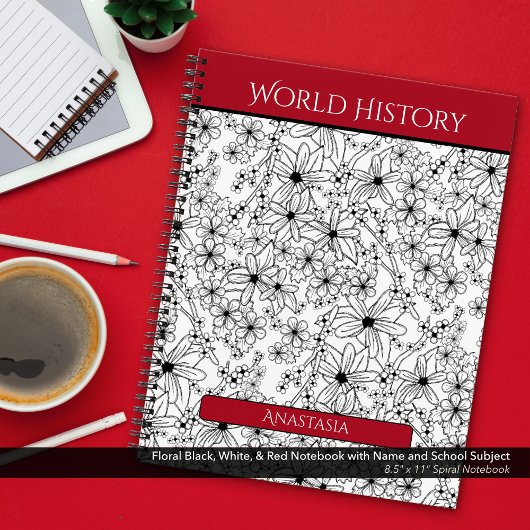 Bloemen Zwart Wit Rood Naam School Onderwerp Notitieboek