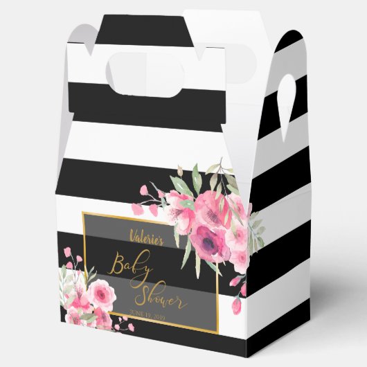 Bloemen Zwart Wit Streep Invitation Bedankdoosjes (Geopend)