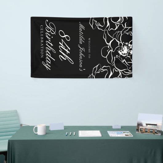 Bloemen Zwart Wit Verjaardagsfeest Welkom Spandoek (Beurs)