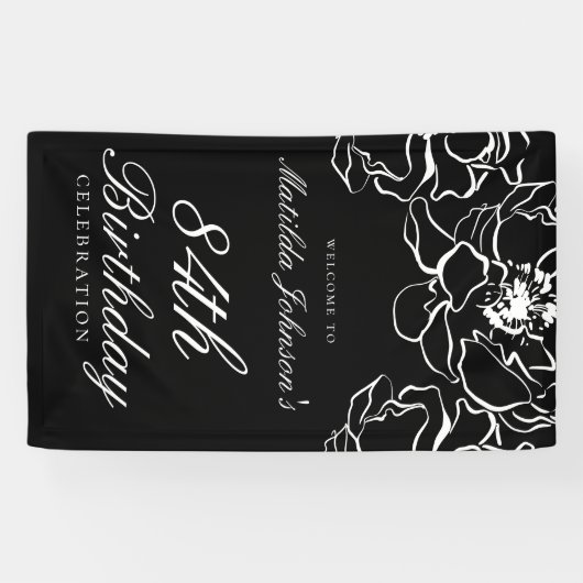 Bloemen Zwart Wit Verjaardagsfeest Welkom Spandoek (Horizontaal)