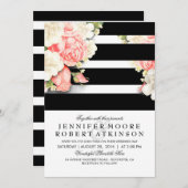  Bloemen Zwart Witte Strepen Wedding Kaart (Voorkant / Achterkant)