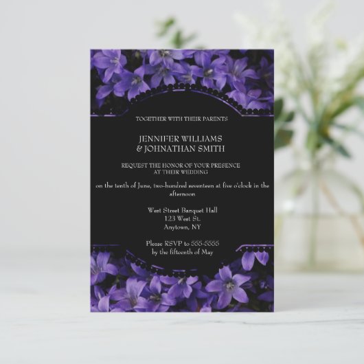 Bloemen Zwarte bruiloft uitnodigingen (Staand voorkant)