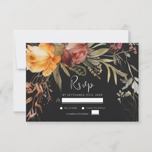Bloemen zwarte Herfst elegante bruiloft RSVP Kaartje (Voorkant)