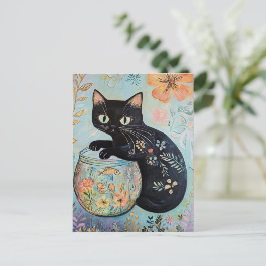 Bloemen zwarte kat met goudvis briefkaart (Staand voorkant)