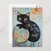 Bloemen zwarte kat met goudvis briefkaart (Voorkant / Achterkant)
