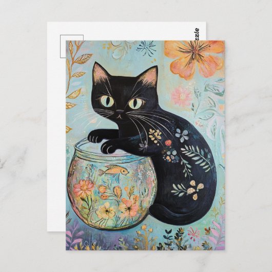Bloemen zwarte kat met goudvis briefkaart (Voorkant / Achterkant)