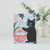 Bloemen Zwarte Kat met Goudvis in Mand Briefkaart (Staand voorkant)
