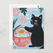 Bloemen Zwarte Kat met Goudvis in Mand Briefkaart (Voorkant / Achterkant)