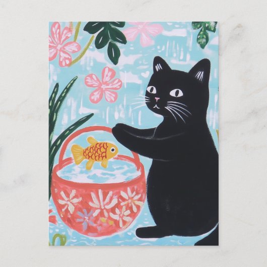 Bloemen Zwarte Kat met Goudvis in Mand Briefkaart (Voorkant)