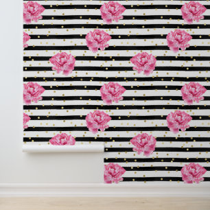 Bloemen Zwarte Streep en Gouden Confetti Behang