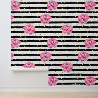 Bloemen Zwarte Streep en Gouden Confetti Behang