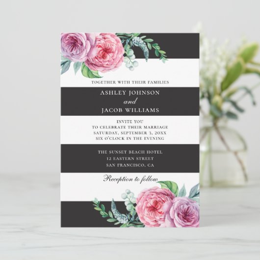 Bloemen zwarte witte strepen. Roze bloemen bruilof Kaart (Staand voorkant)